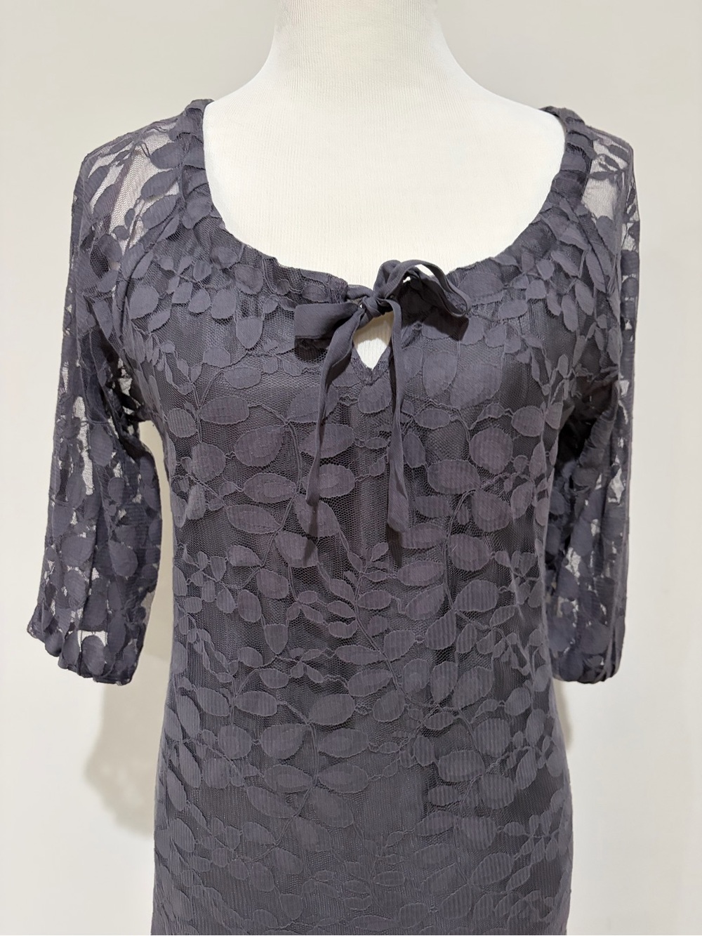 Garnet Hill Women's Lace Tie-Front Top in Charcoal Gray- NWT